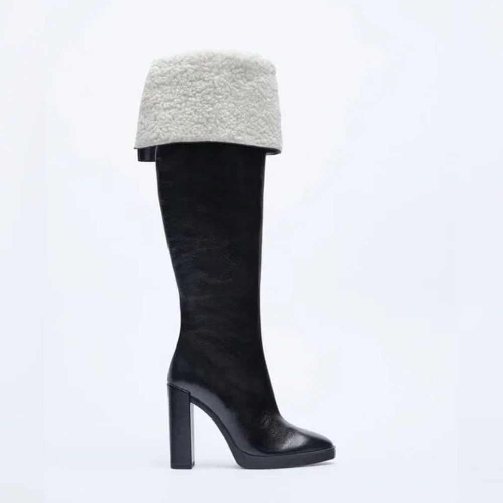 Zara fold over leather fleece lined knee high boots size 6.5 NWT, winter, heeled